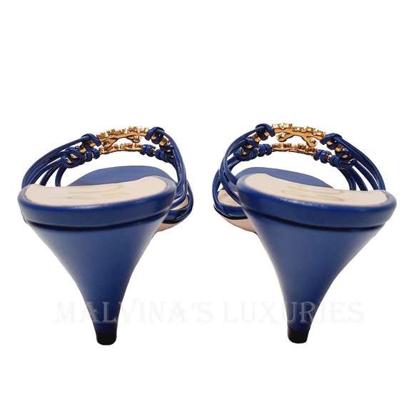 GUCCI SHOES BLUE LEATHER STRAPPY SANDALS CRYSTAL INTERLOCKING LOGO 38 8 US - Picture 10 of 15